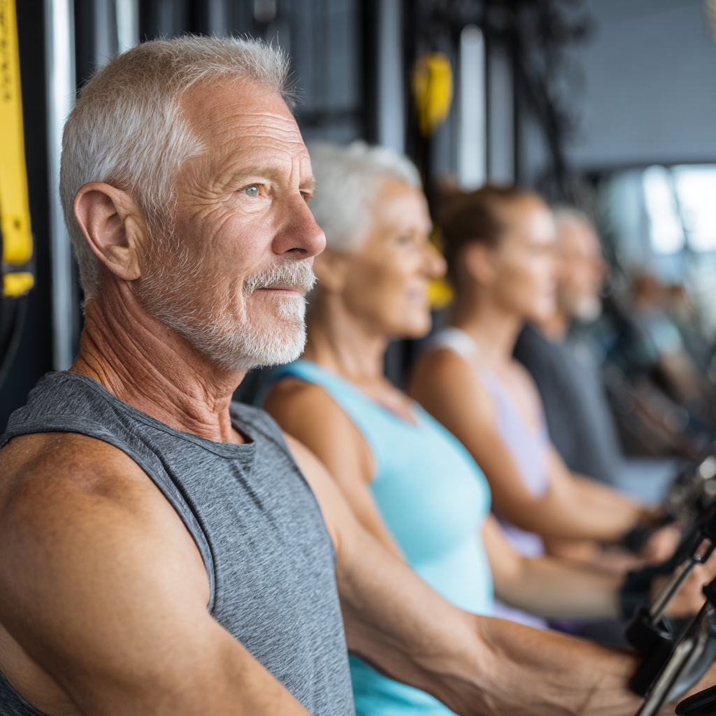 experienced adults doing strength training with professional equipment