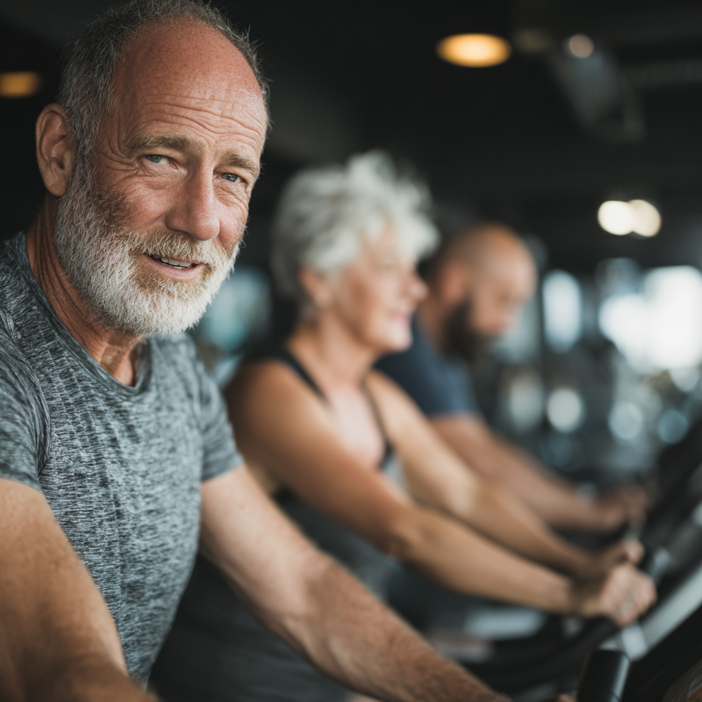 mature adults engaging in fitness activities at modern gym