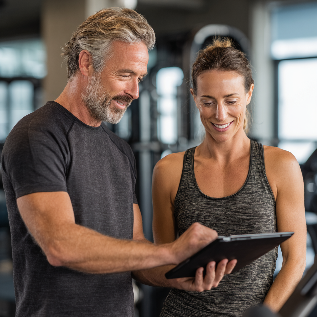 professional fitness trainers of middle age providing guidance